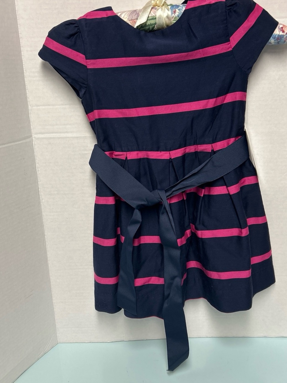 Ralph Lauren Navy Dress with Pink Stripes and Waist Tie